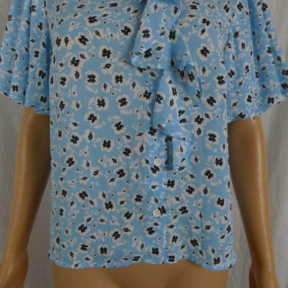 Topshop Floral Button Up Blouse Bubble Sleeve Ruffle Tie Neck Top Blue White - Picture 4 of 10